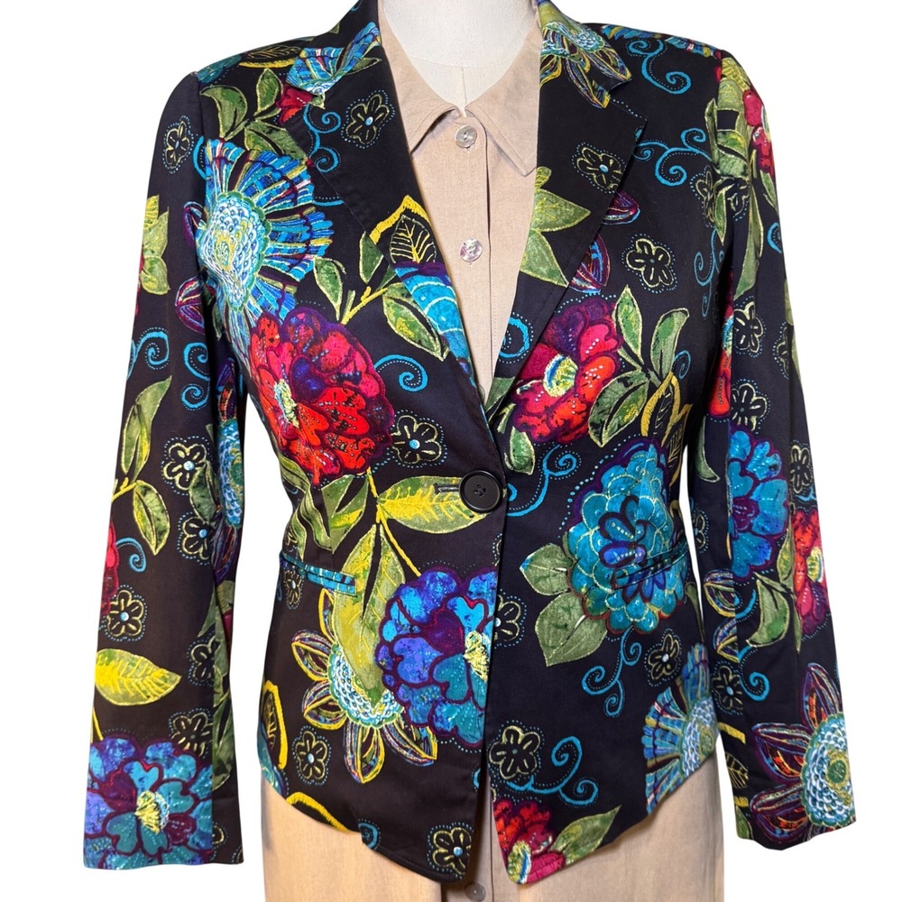 Chico's Floral Blazer Jacket‎ Black Multi Color Artistic Size 1 M